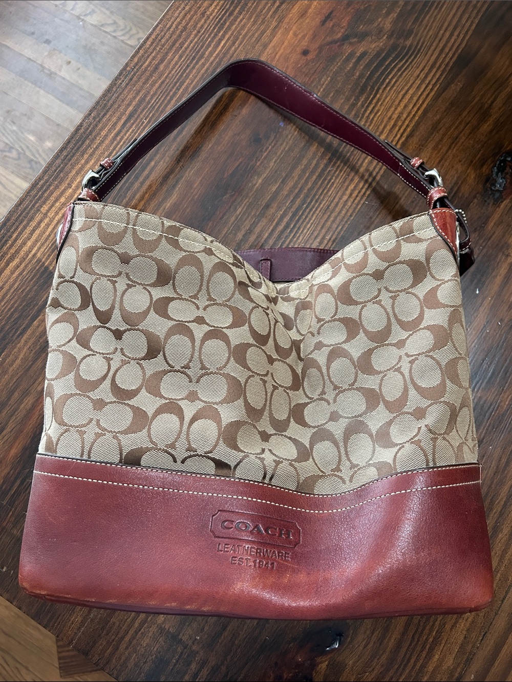 Coach Khaki Canvas and Brown Leather Hobo